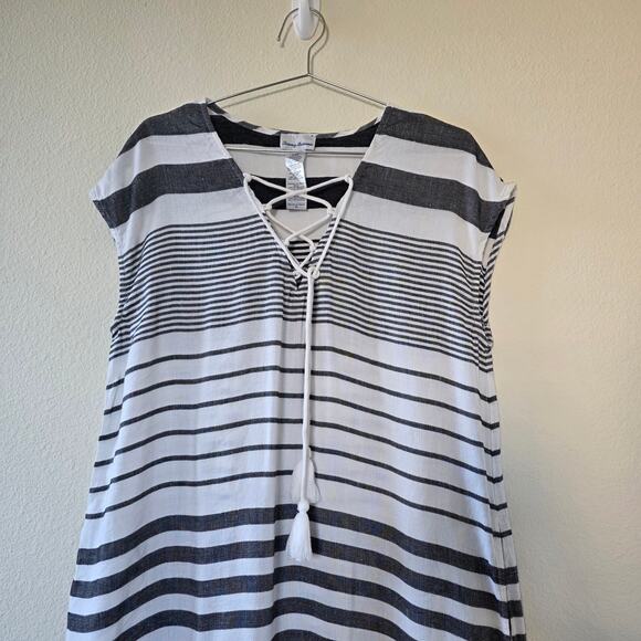 Tommy Bahama Striped Lace Up Tassel Maxi Dress Women Size L Gray White Linen - Picture 2 of 14